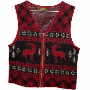 Vintage 100% Wool Reindeer Zip Vest Sweater – Women’s Medium